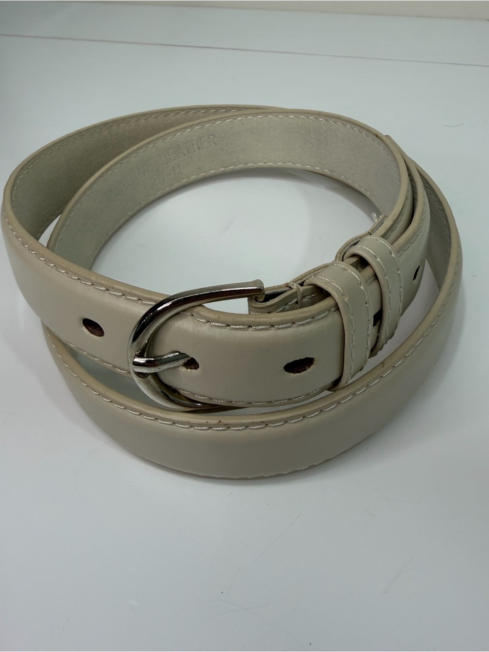 Cream Genuine Leather Skinny Belt Silver Buckle Minimalist Quiet Luxury